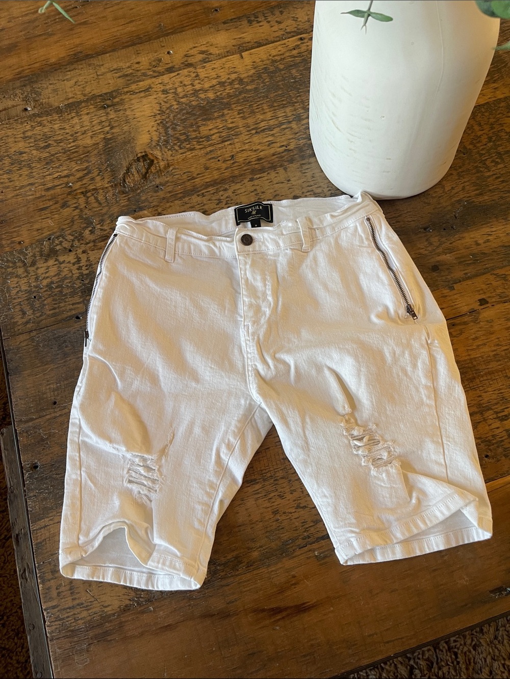 Men's White Distressed Jean Shorts with Zip Pockets
